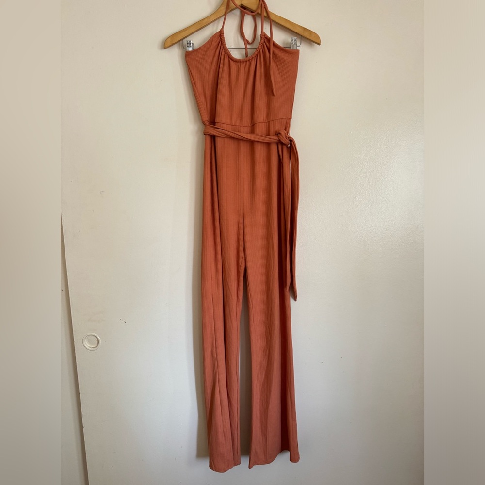 Lovers + Friends Langley Peach Halter Tie-Waist Ribbed Jumpsuit - Picture 2 of 9